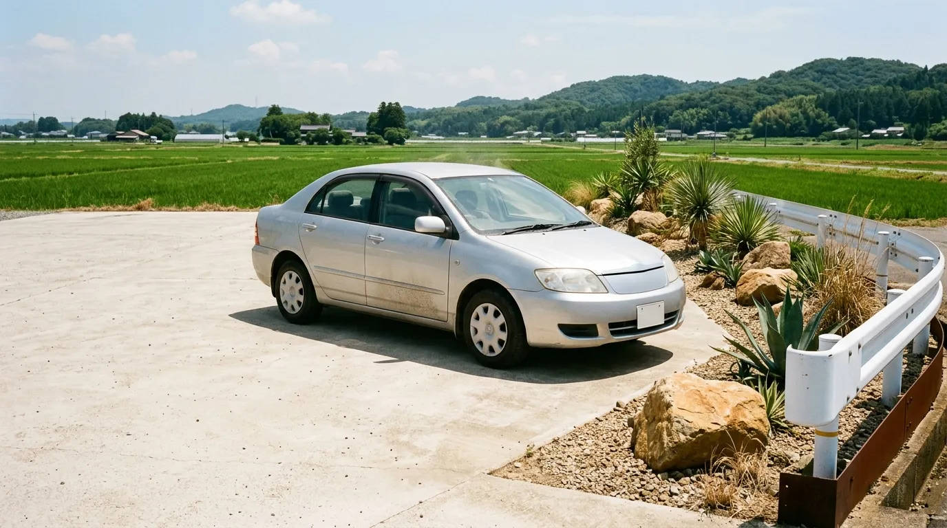 真夏の日差しの下、屋根のない駐車場に停まっているクルマ。地面に陽炎が立っている