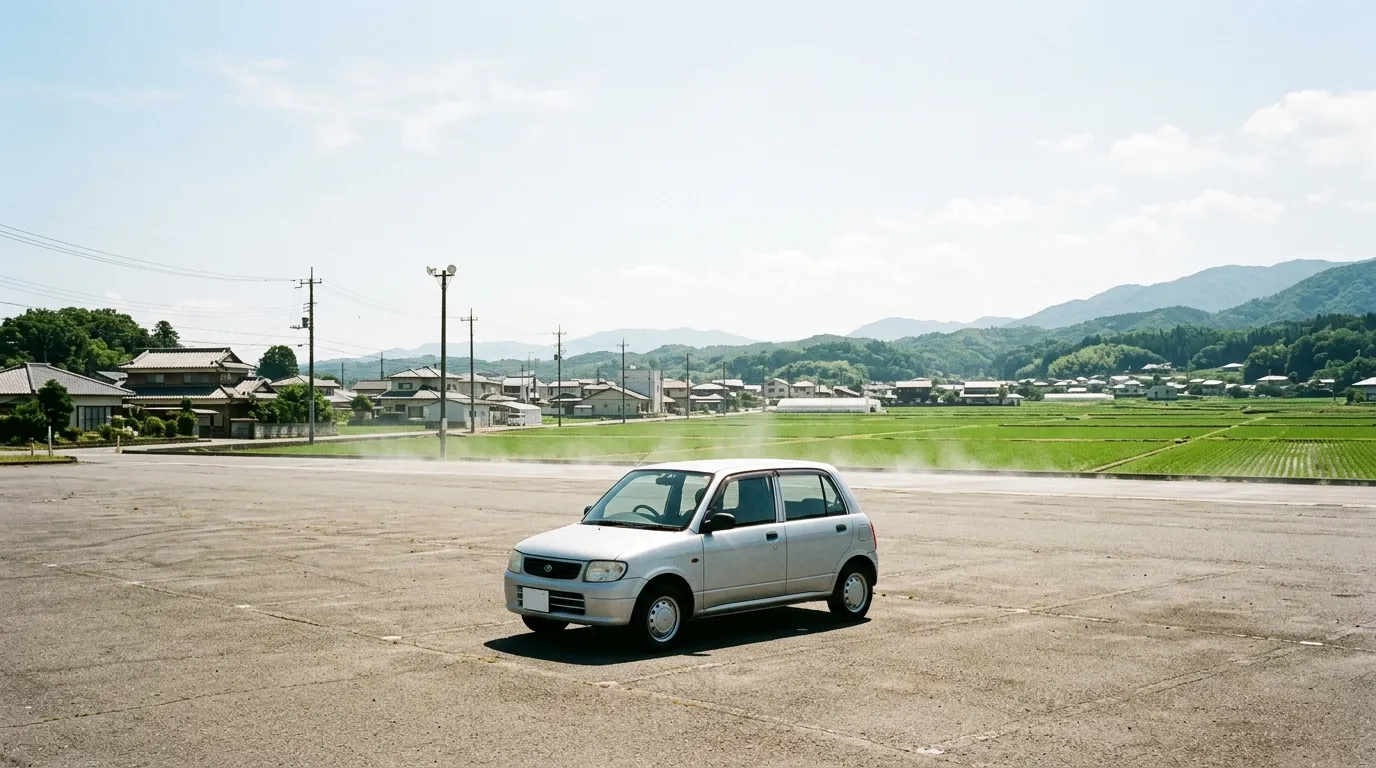 真夏の日差しの下、屋根のない駐車場に停まっているクルマ。地面に陽炎が立っている