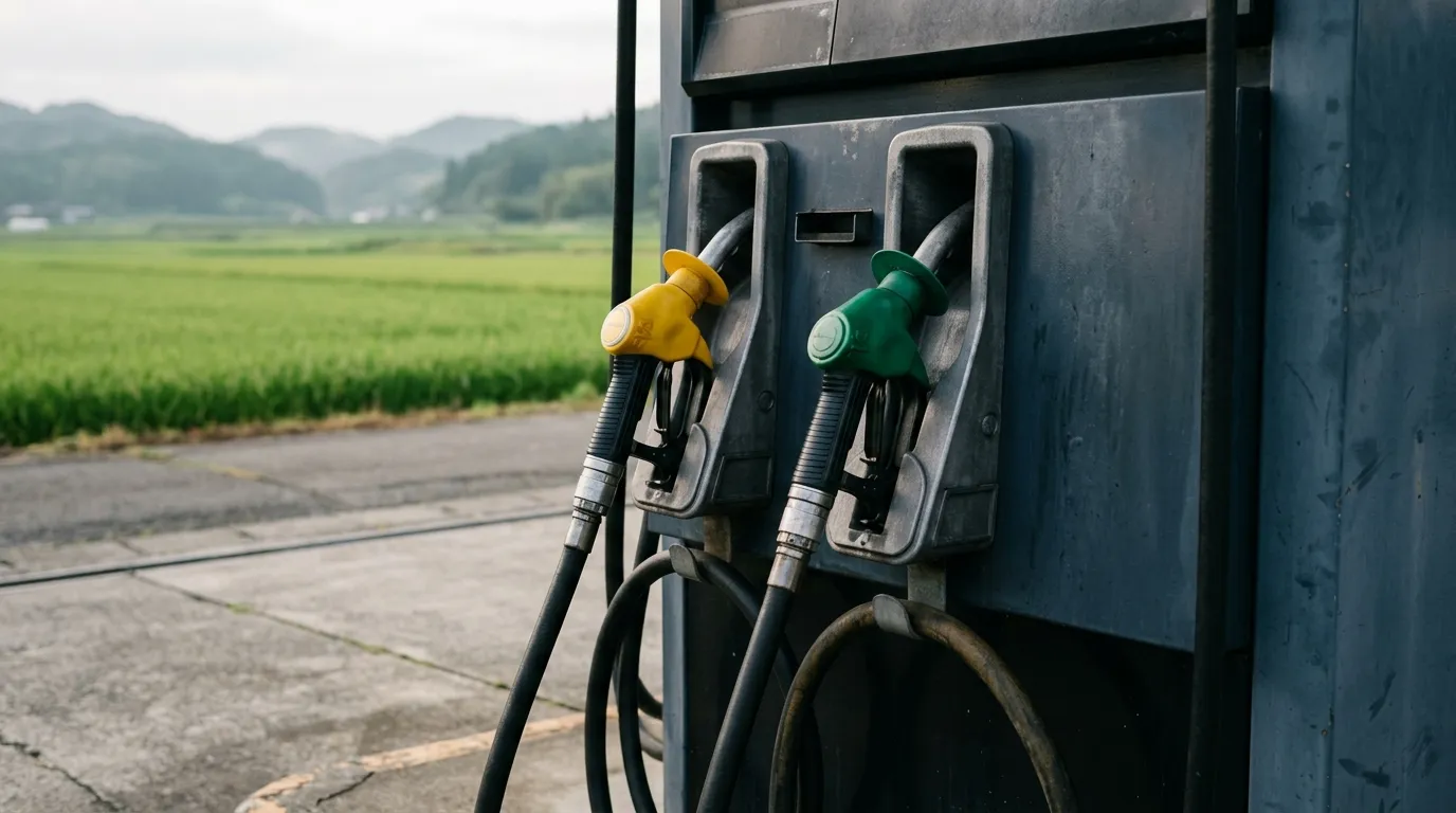 給油機に戻された2本の給油ノズル。ノズルの色が種類ごとに分かれている