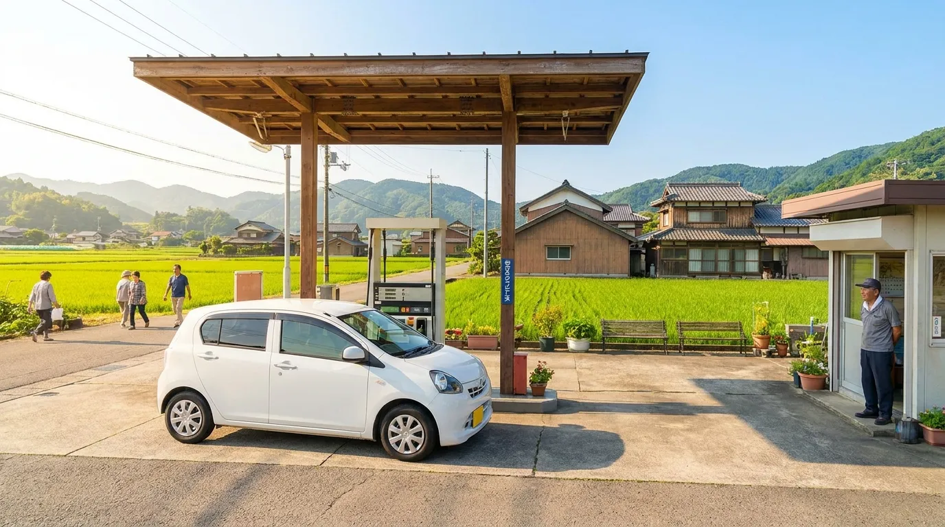 夏の朝のセルフ式ガソリンスタンドと給油するクルマ（イメージ）