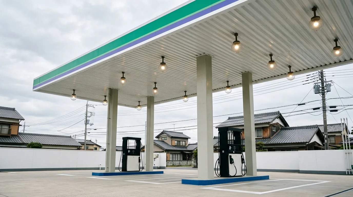夏の朝のセルフ式ガソリンスタンドと給油するクルマ（イメージ）
