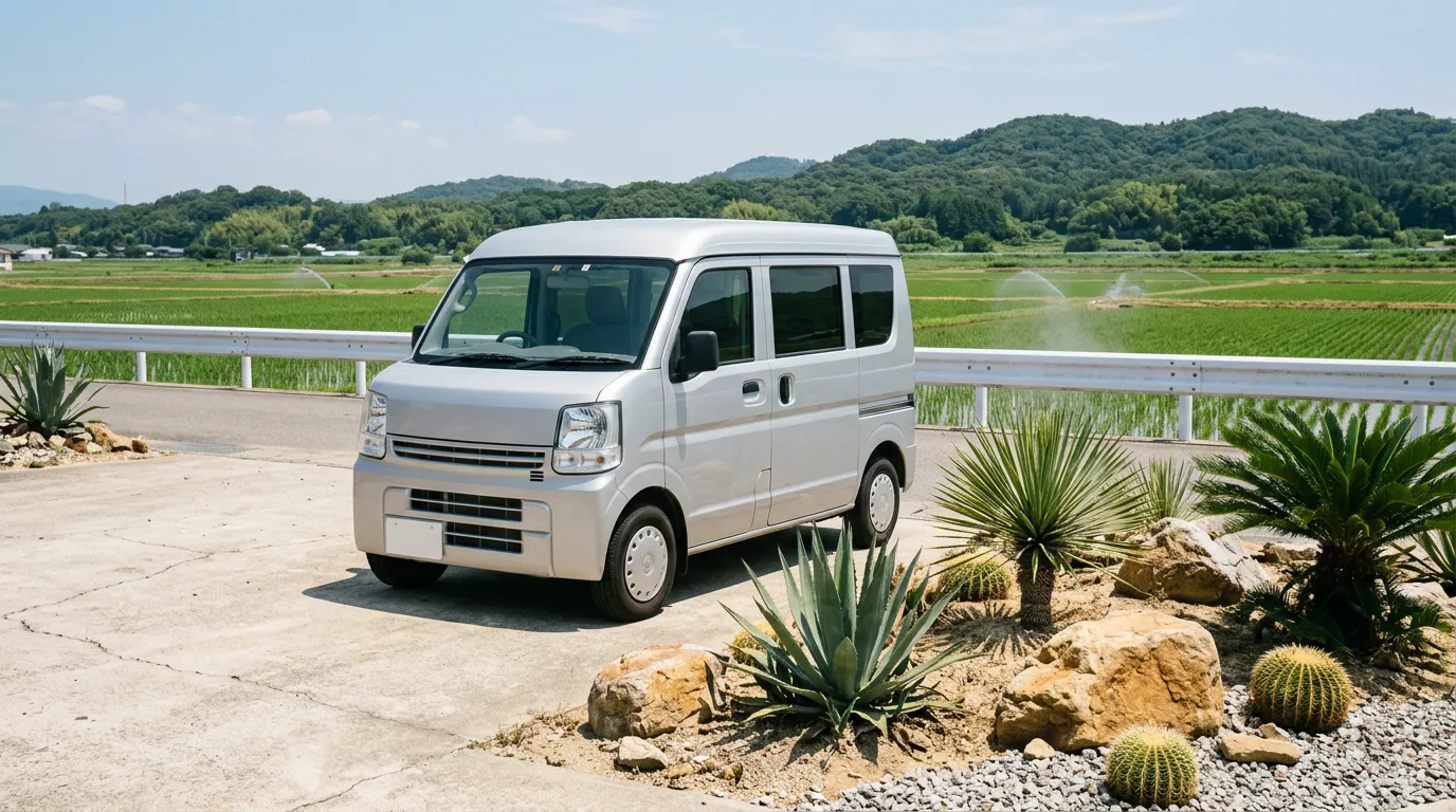 猛暑日の駐車場に停まるクルマ、夏のバッテリー対策（イメージ）