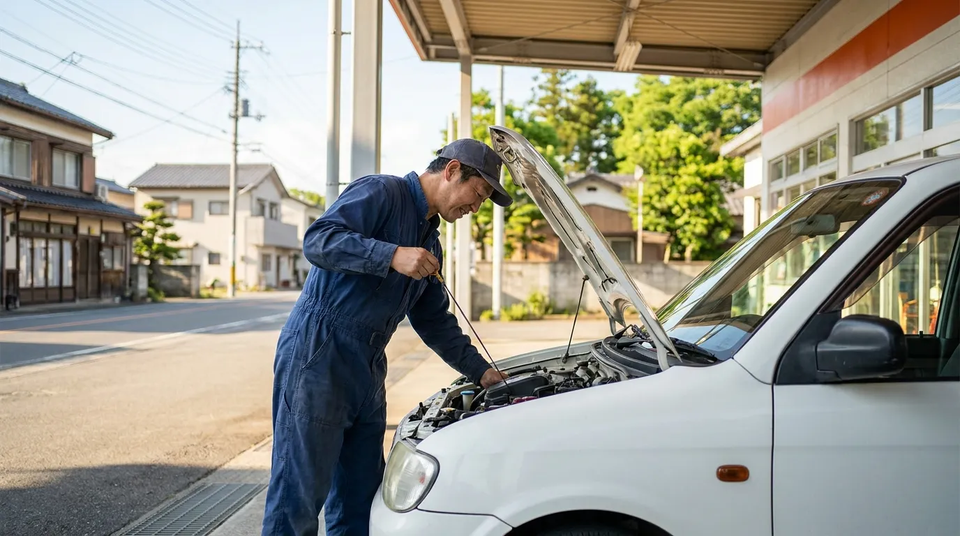 整備ブースでエンジンオイルを点検するスタッフ（イメージ）