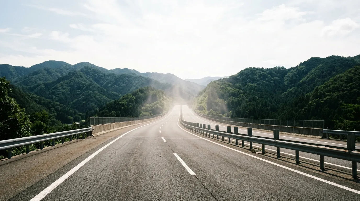 真夏の日差しの下、陽炎が立つ高速道路がまっすぐ先へ続いている