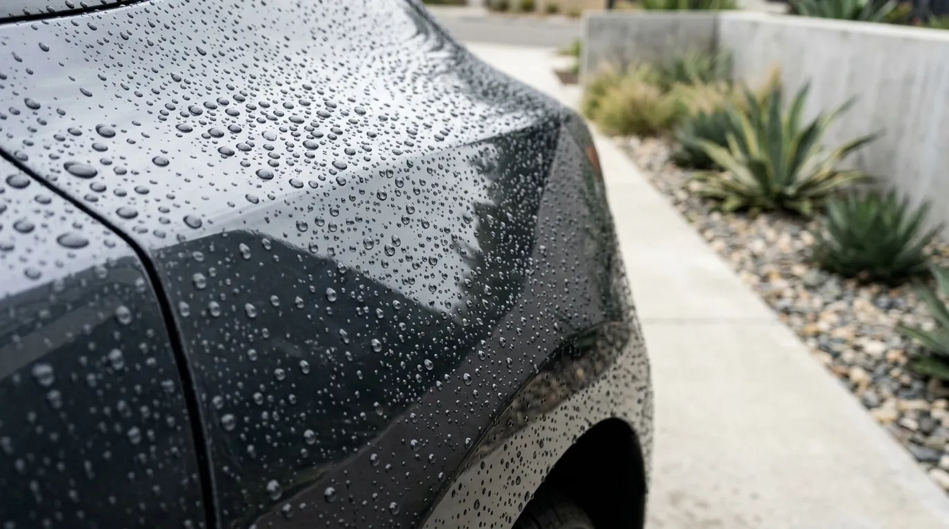 コーティングを施したボディの上で、雨水が細かい粒状にまとまっている様子