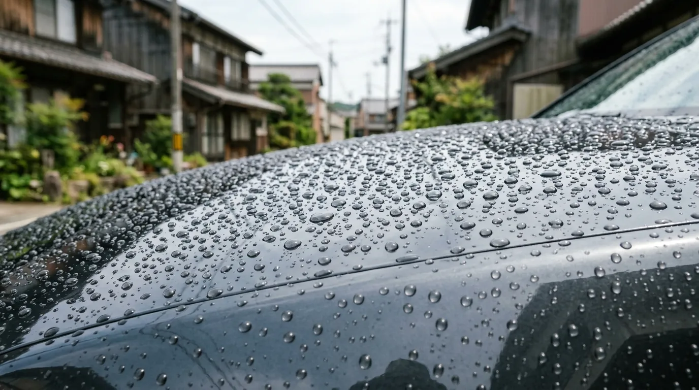 コーティングを施したボディの上で、雨水が細かい粒状にまとまっている様子