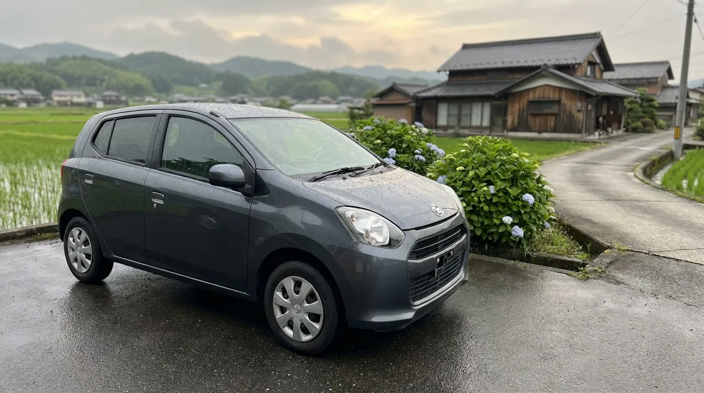 梅雨明けの朝、雨上がりに水滴をはじく洗車後のクルマ（イメージ）