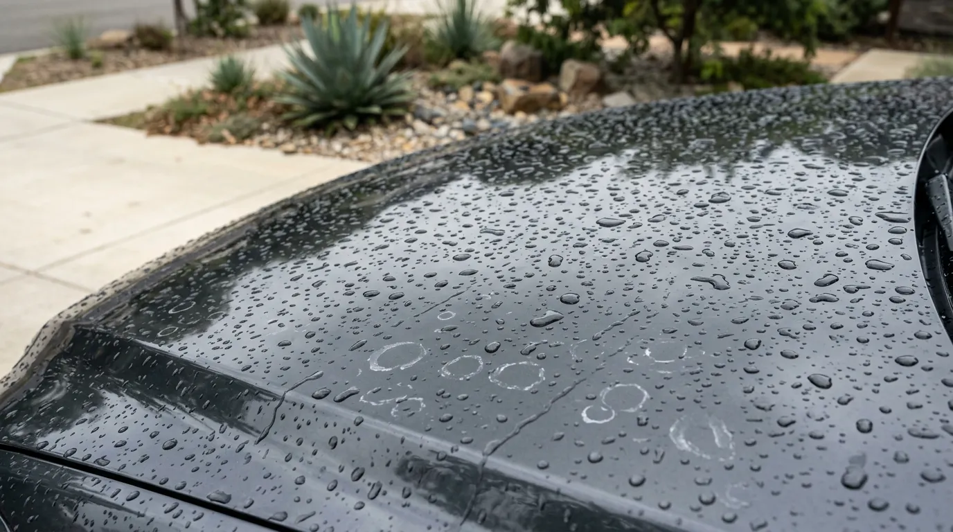 雨上がりの濃色のボディ。水滴に混じって、白い輪のような跡がうっすら残っている