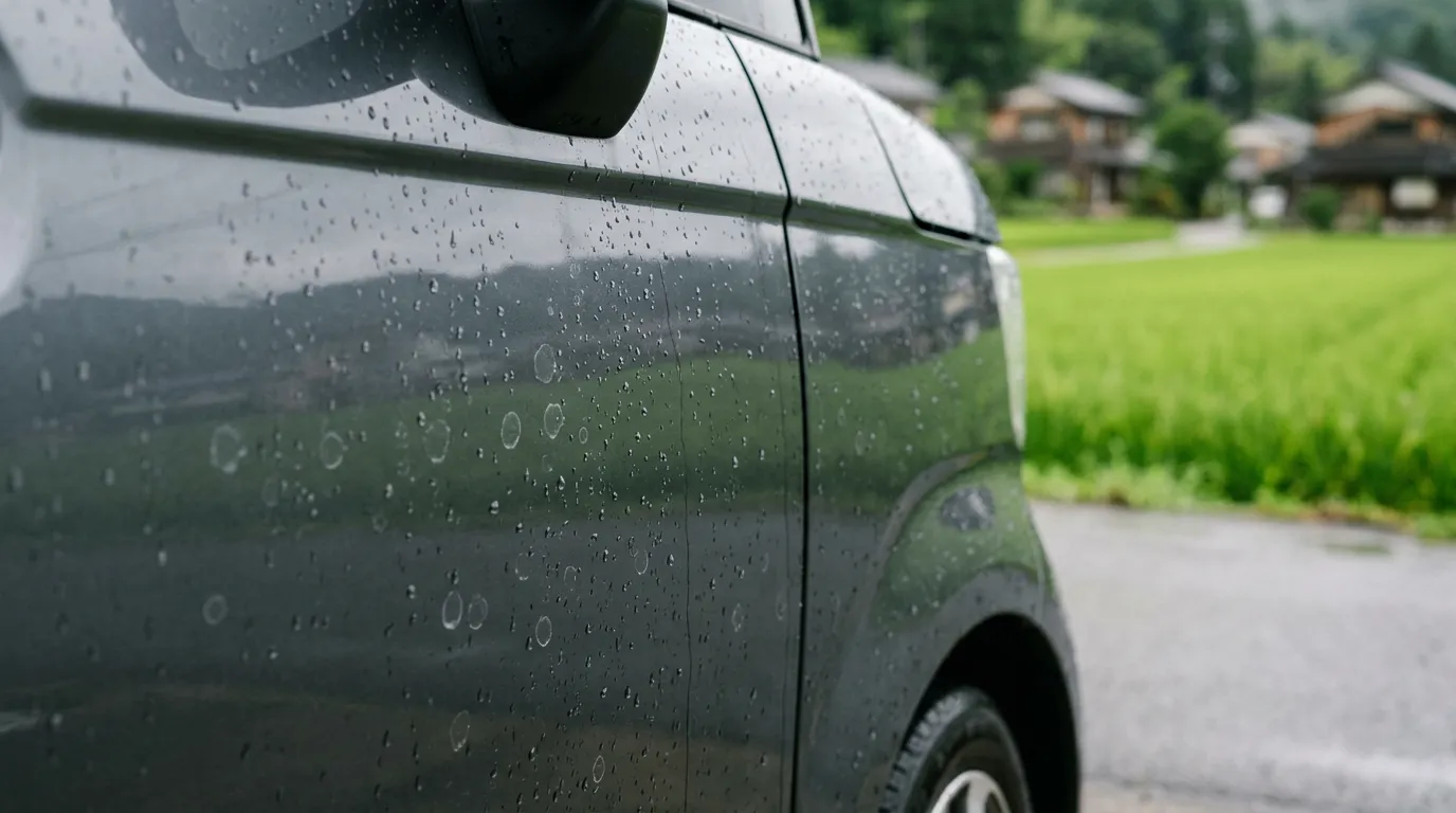 雨上がりの濃色のボディ。水滴に混じって、白い輪のような跡がうっすら残っている