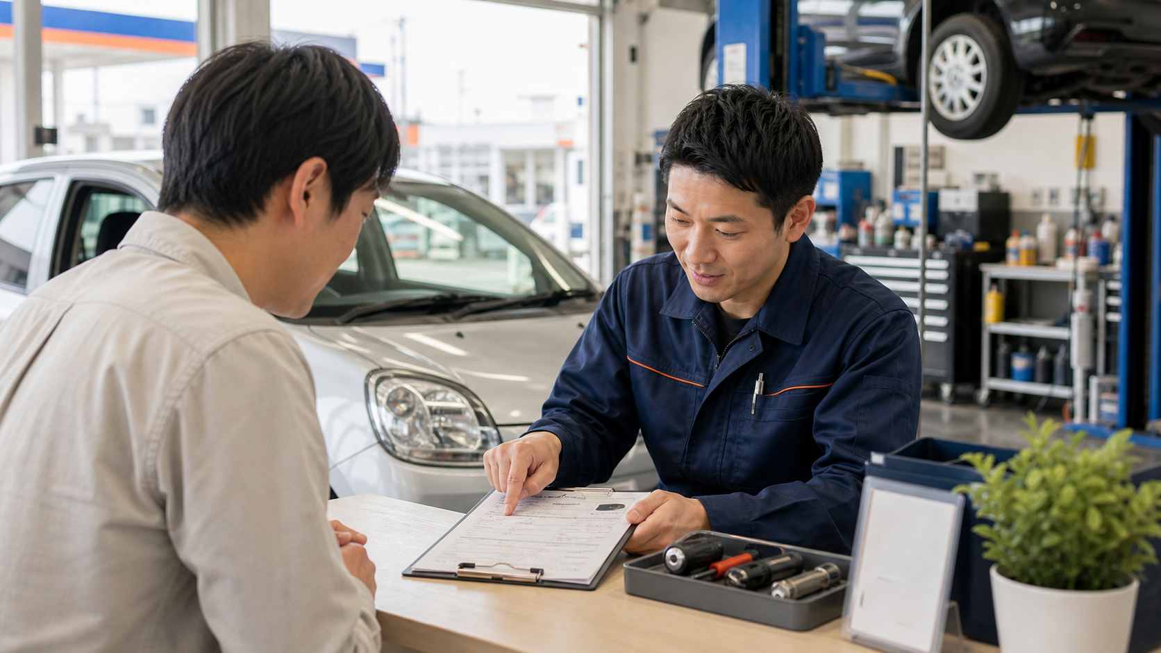 購入後の整備や保証について相談するイメージ