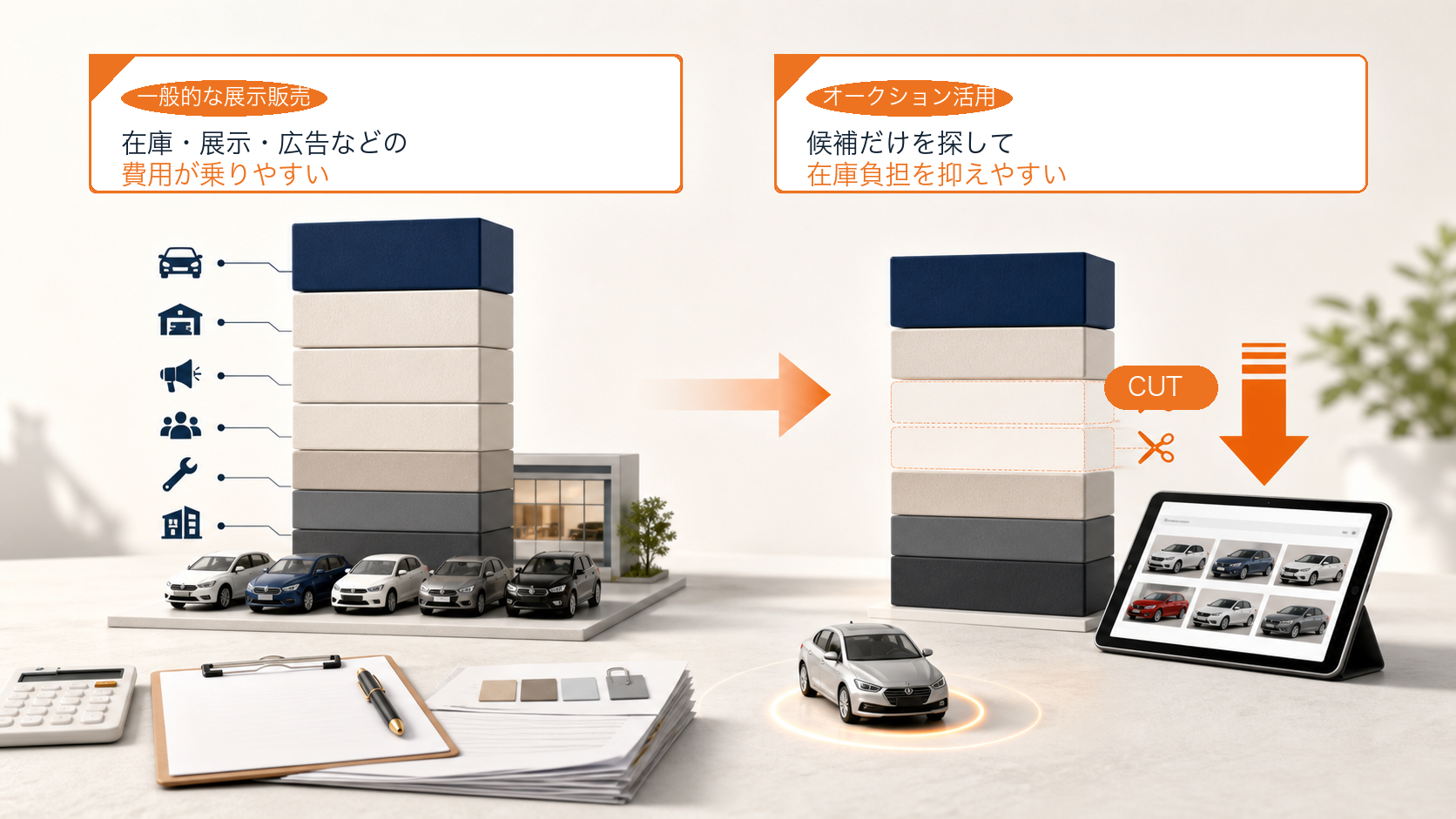展示販売で乗りやすい在庫や広告などの費用を、オークション活用で抑えやすいことを示す図解