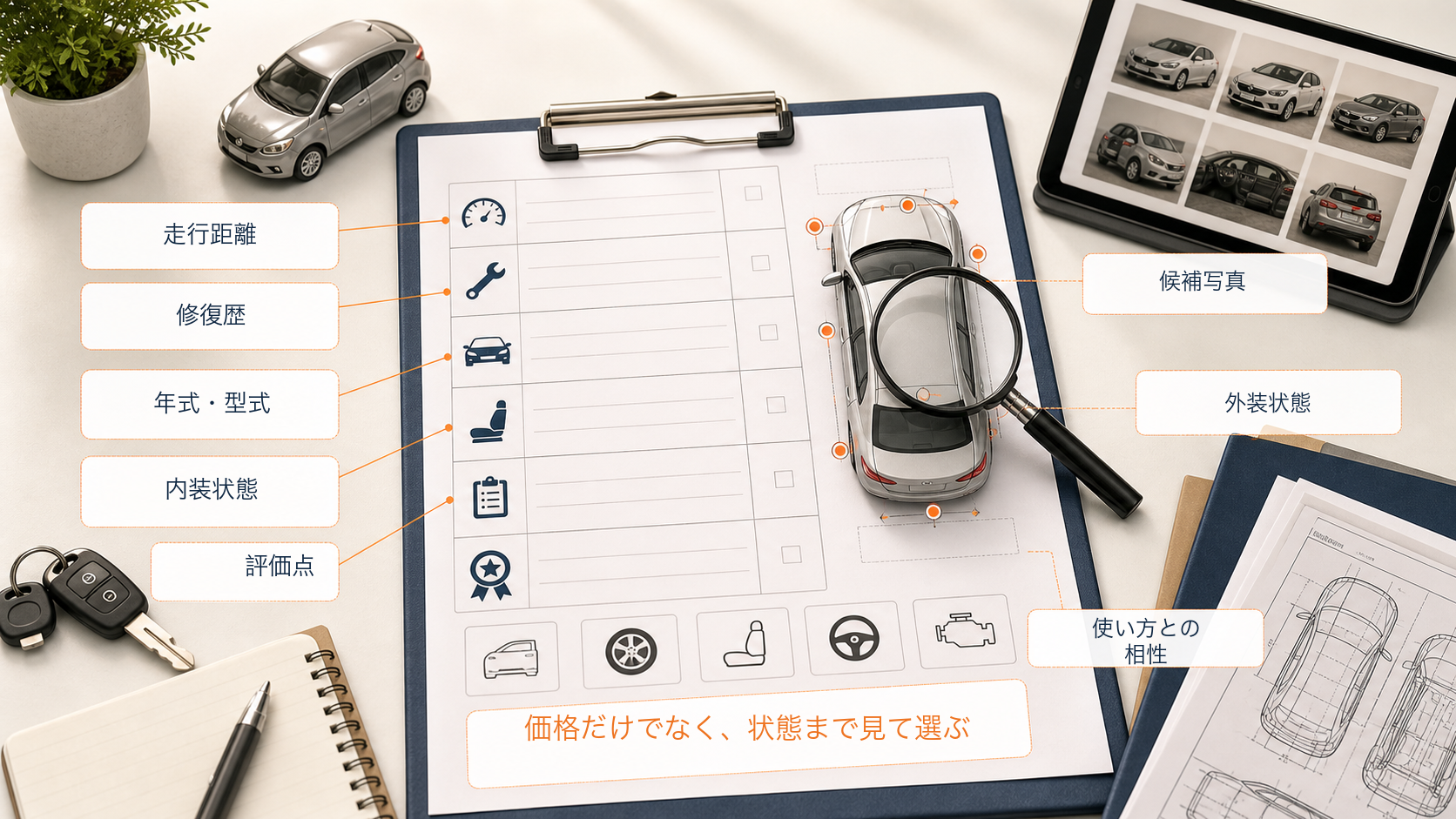 走行距離、修復歴、外装状態、内装状態、評価点、使い方との相性を確認する図解